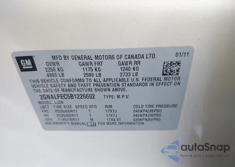 2011 Chevrolet Equinox Ltz from USA, damaged, VIN 2GNALFEC5B1226602
